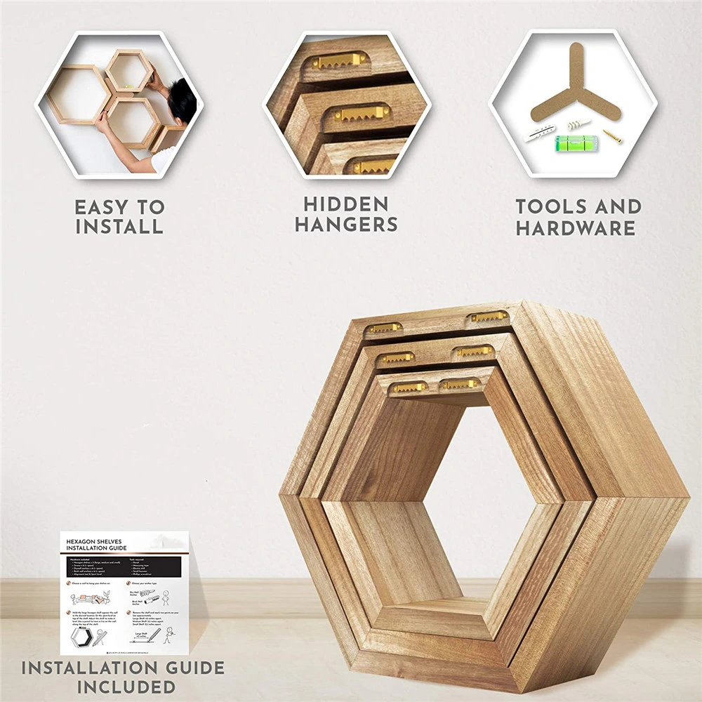 Excellent Quality 3 PCS Set MDF Painting Floating Hexagon Wood Home Wall Shelf Hexagon Disarmable Shelf