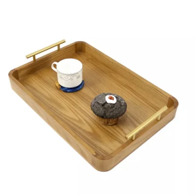 Vassoio da portata in legno di frassino su misura con manici in metallo per colazione, caffè, torta