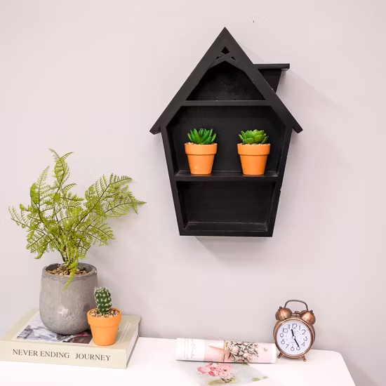 Mensola da muro in legno nero a forma di casa su misura
